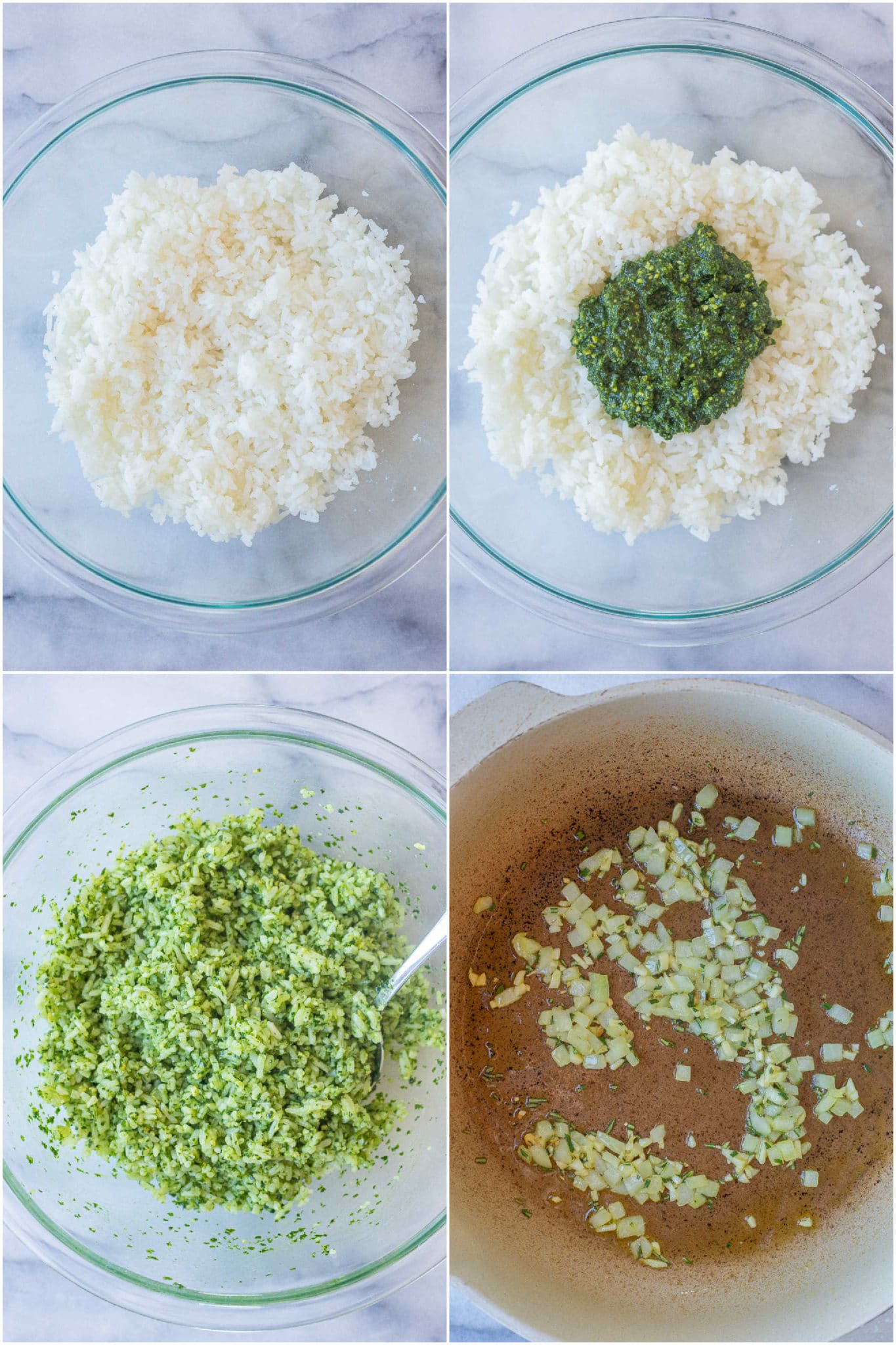 showing how to make the pesto rice by adding pesto sauce into some white rice and mixing it together