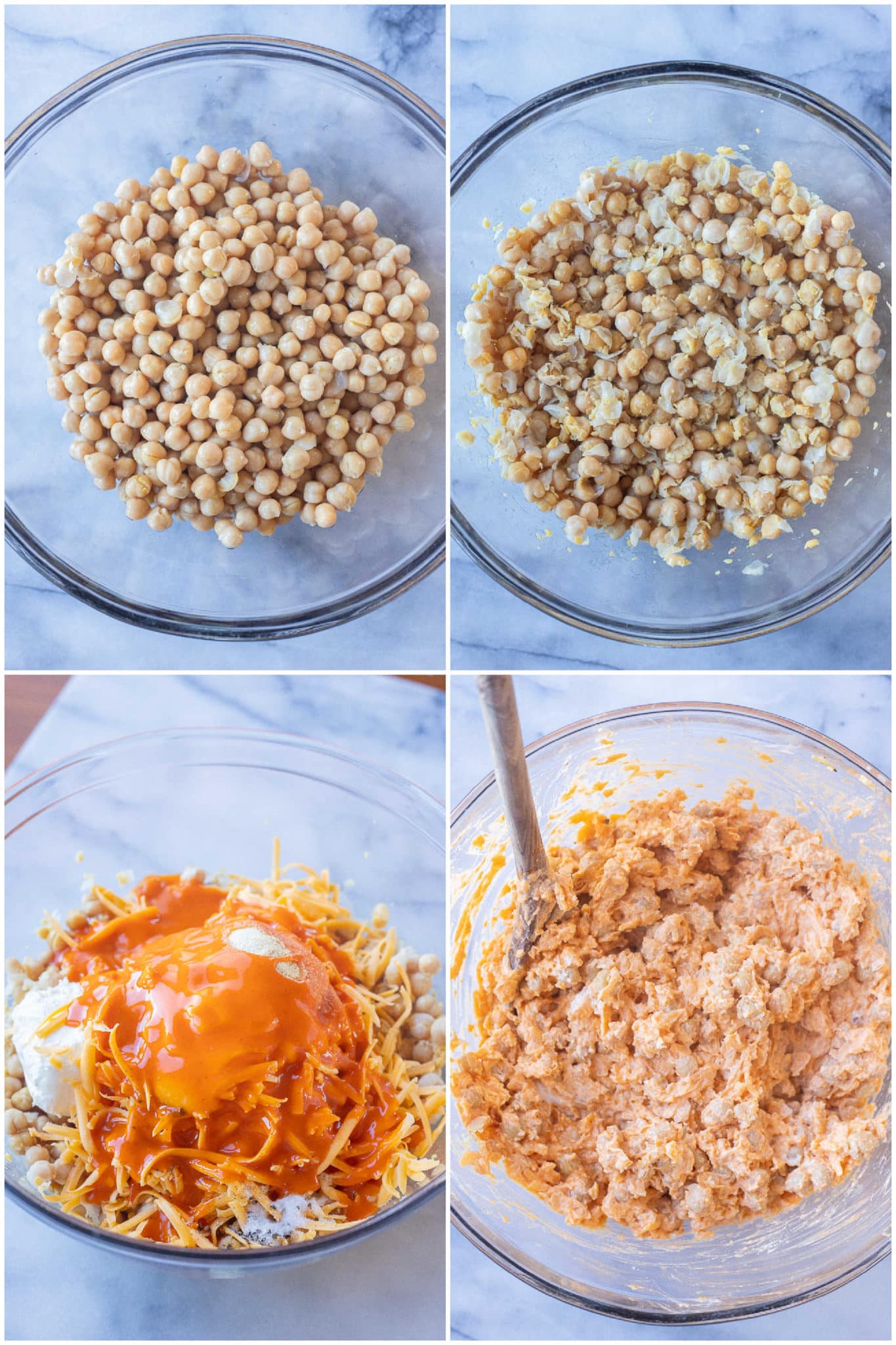 showing how to make this buffalo chickpea dip with smashed chickpeas, buffalo sauce and cheese