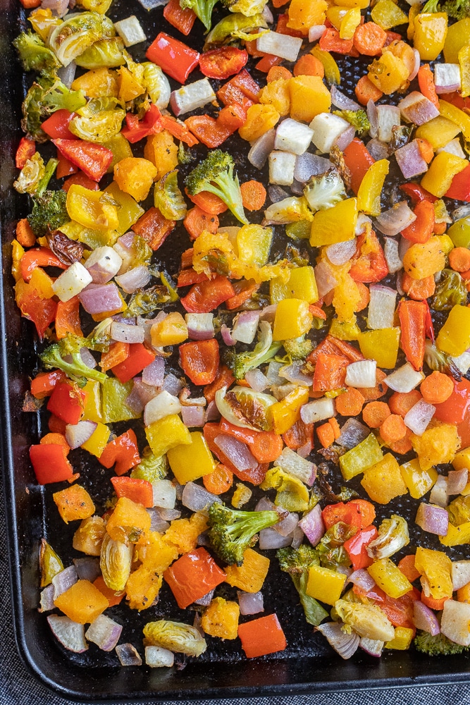 rainbow roasted vegetables after they've come out of the oven.
