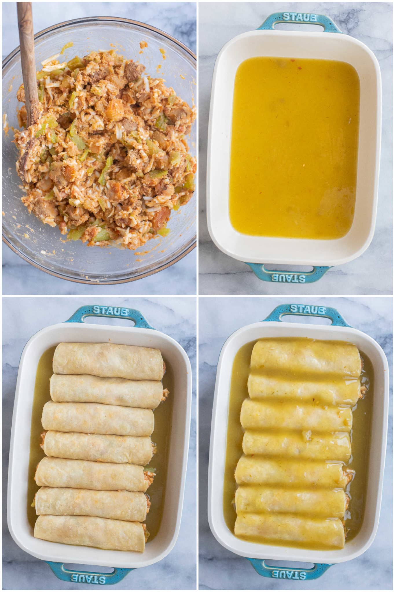 showing how to assemble the cheesy green Chile enchiladas in a baking dish