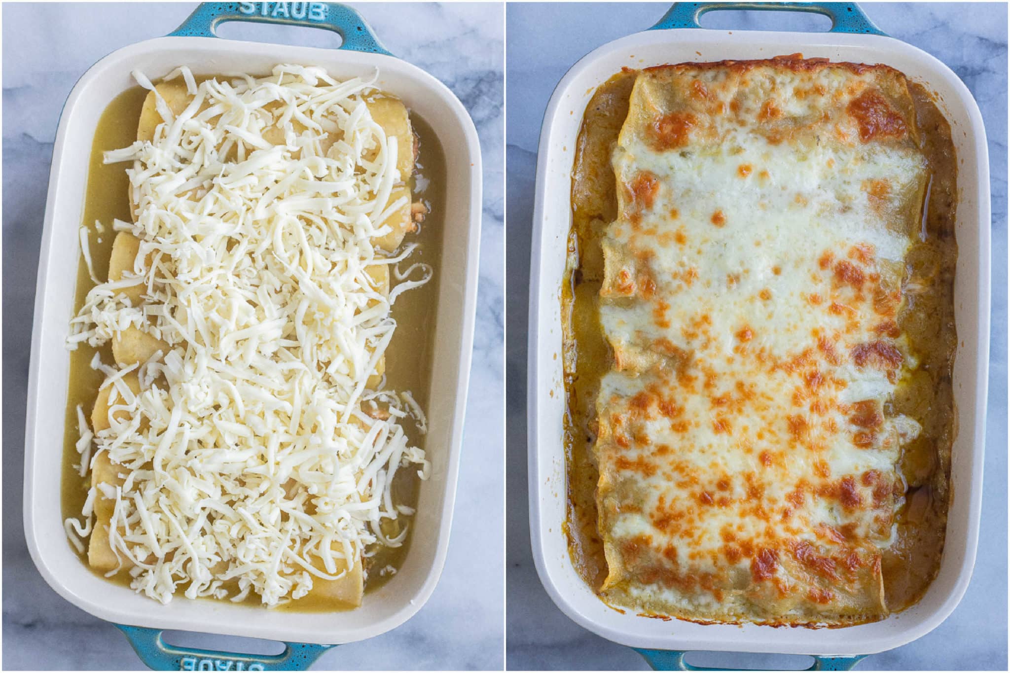 green Chile enchiladas before and after they've been baked in the oven