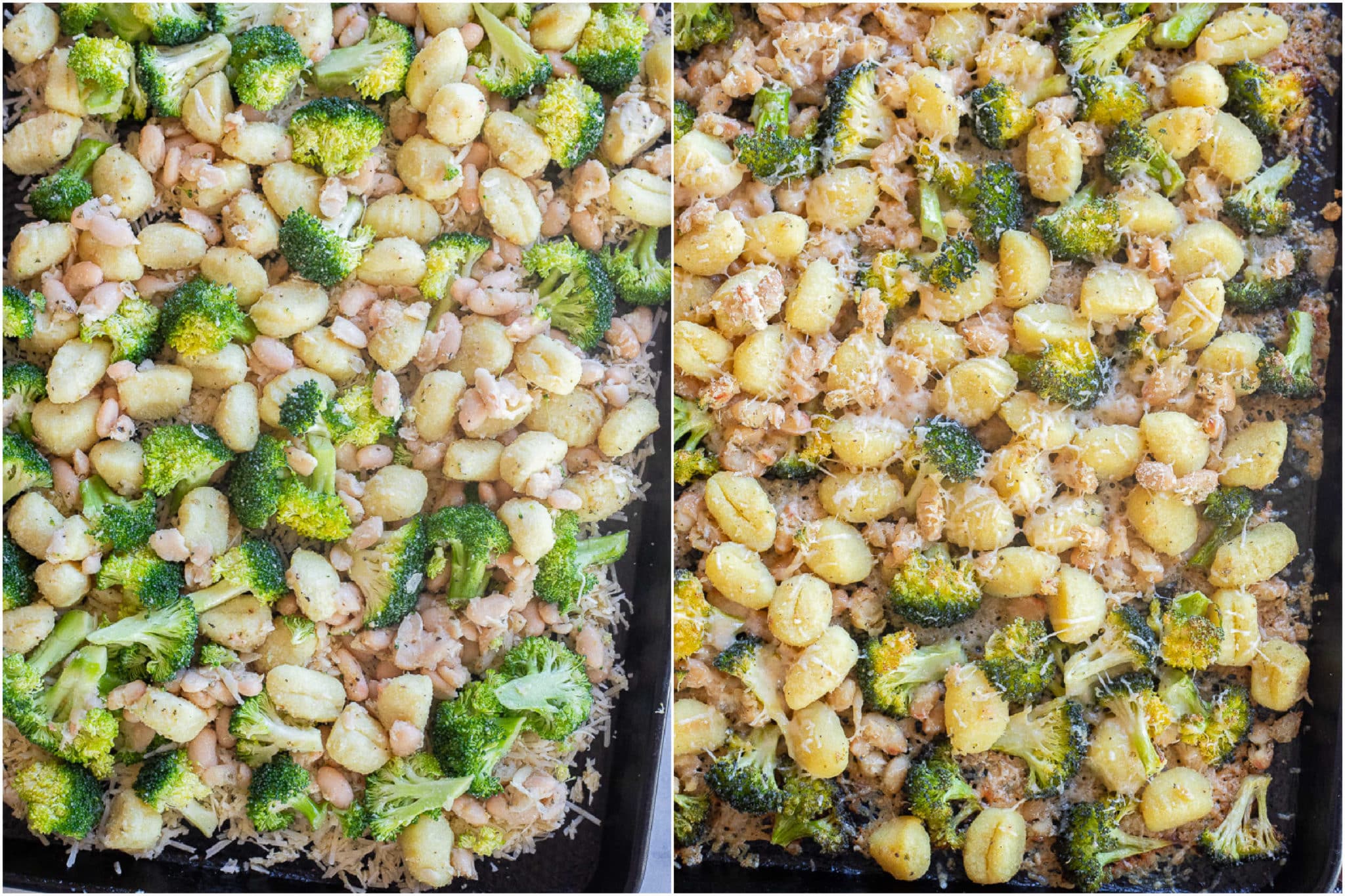 parmesan crusted gnocchi and broccoli before and after it has been baked in the oven.