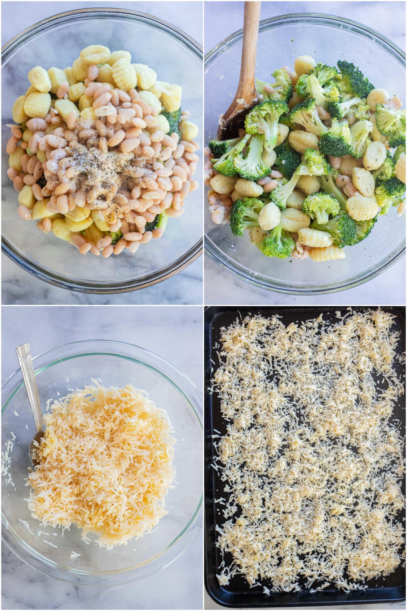 showing how to make a parmesan crusted gnocchi and broccoli bake