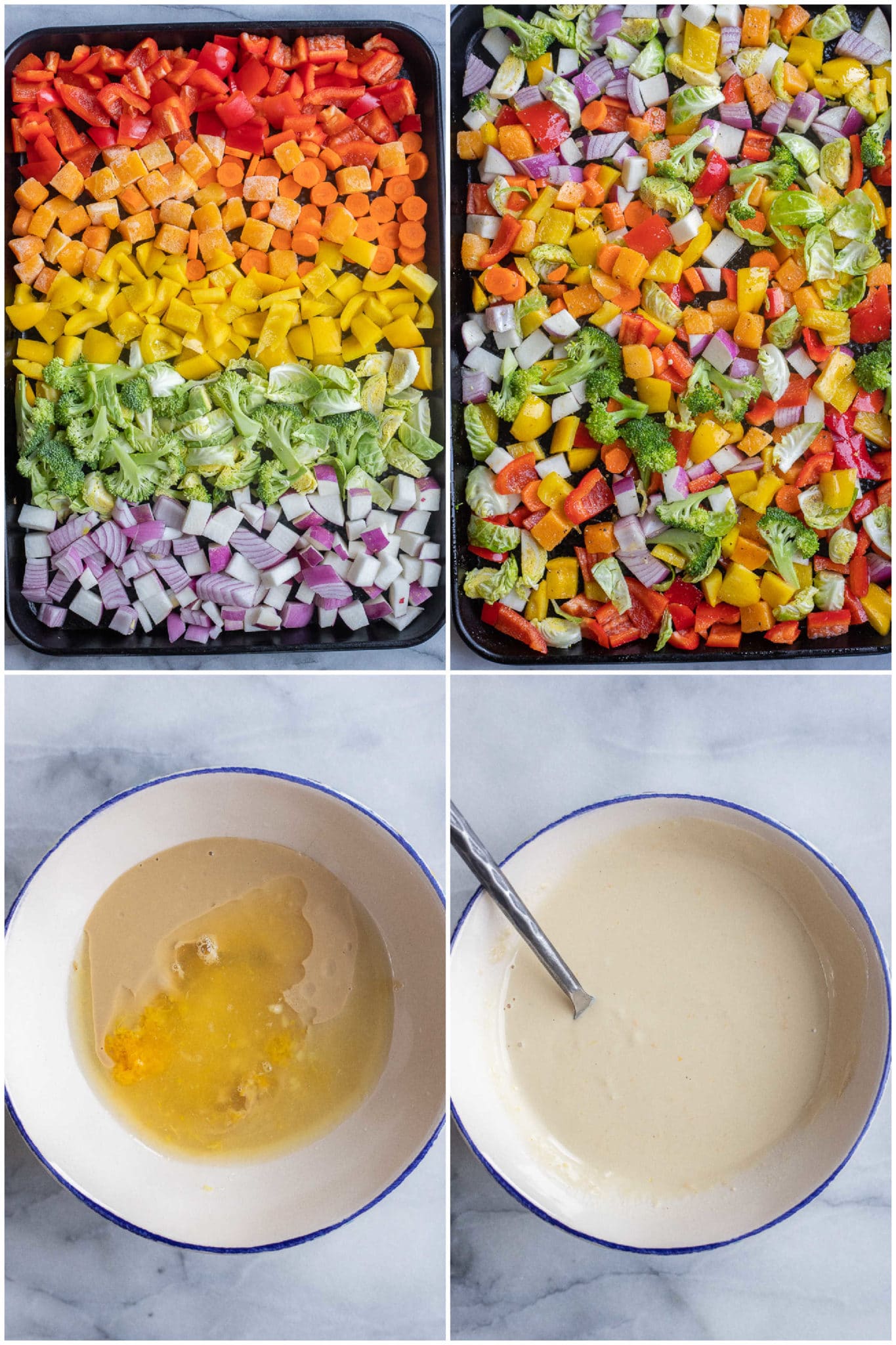 rainbow colored vegetables on a baking sheet being mixed with oil and spices. Showing how the citrus tahini dressing is made