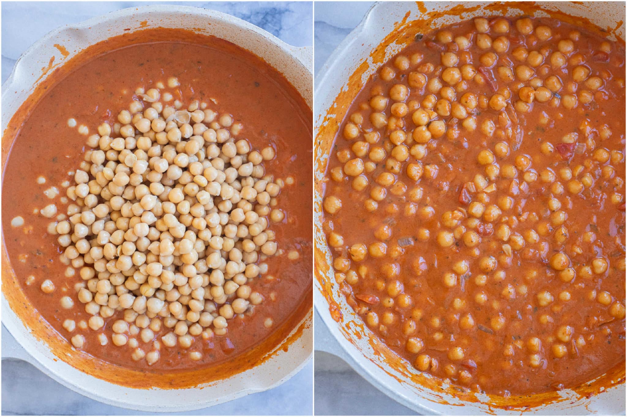 chickpeas being mixed into the smoky tomato coconut sauce