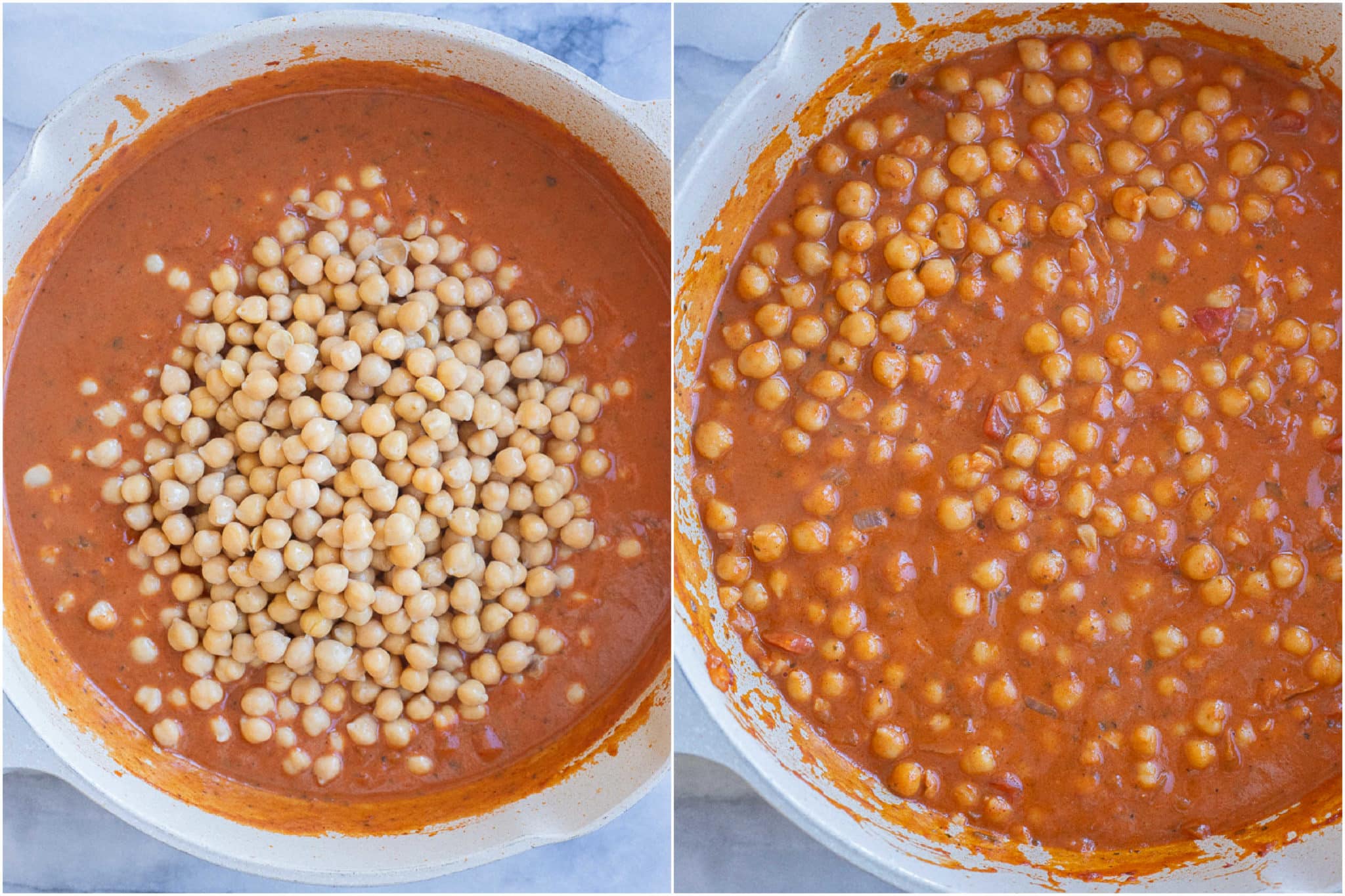 chickpeas being mixed into the smoky tomato coconut sauce