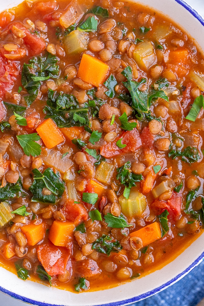 close up of a bowl of vegan lentil vegetable soup