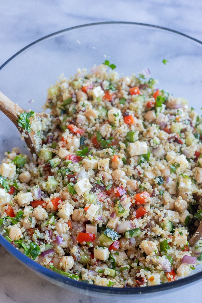vegetarian quinoa salad mixed up in a serving bowl