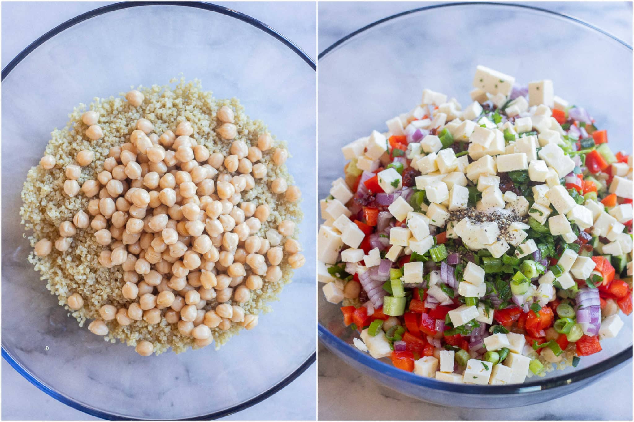 showing how to make an easy quinoa salad with protein and veggies