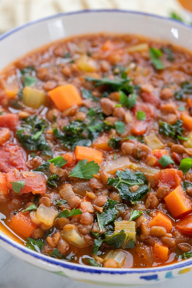 close up of a bowl of vegan lentil soup with veggies