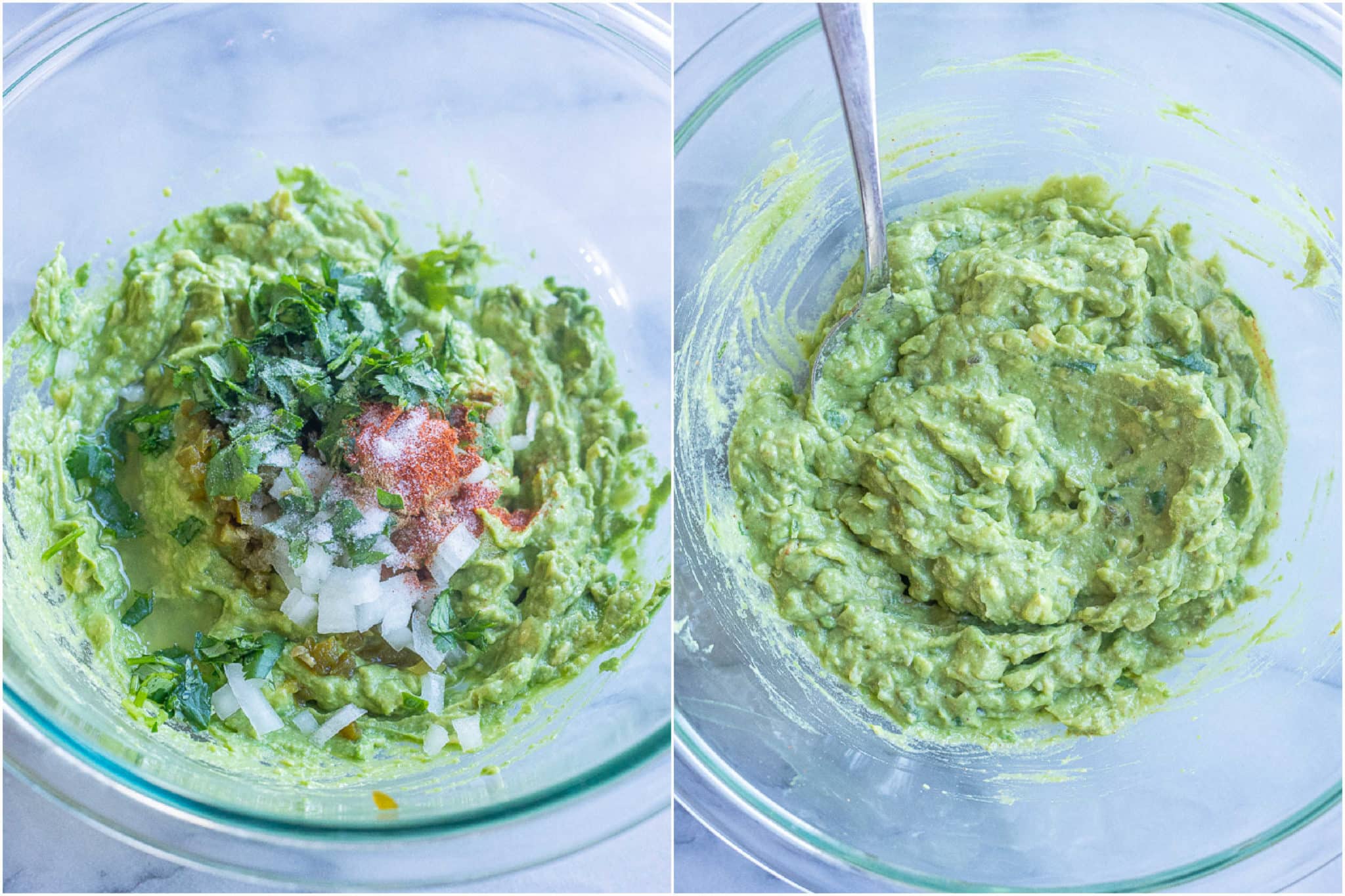 all the guacamole ingredients added to a bowl and mixed together
