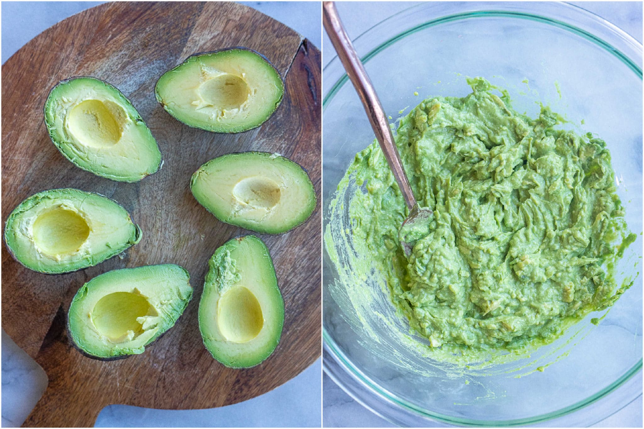 showing how to cut your avocados in half and mash them in a bowl