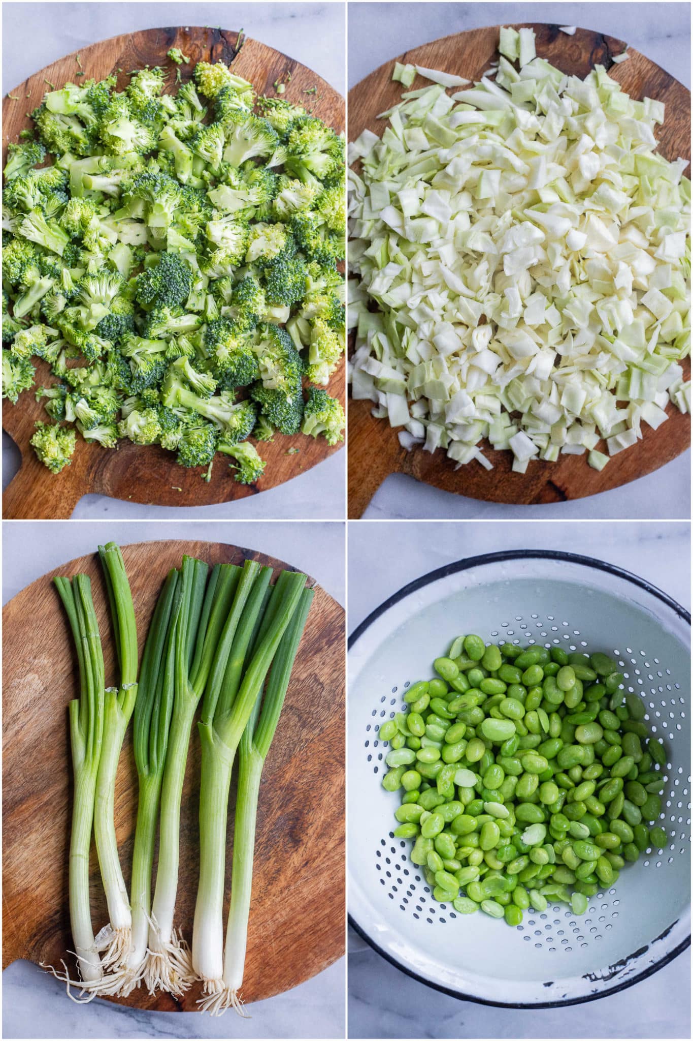 showing how to make green veggie stir fry with broccoli, cabbage, green onion and edamame