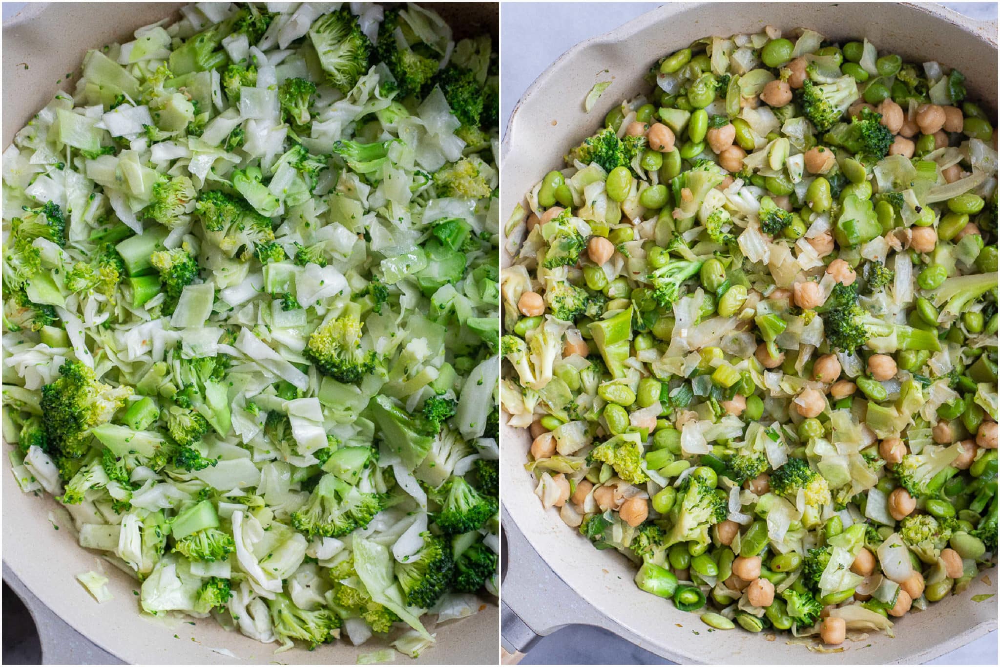 green vegetable stir fry being cooked in a pan with chickpeas added in