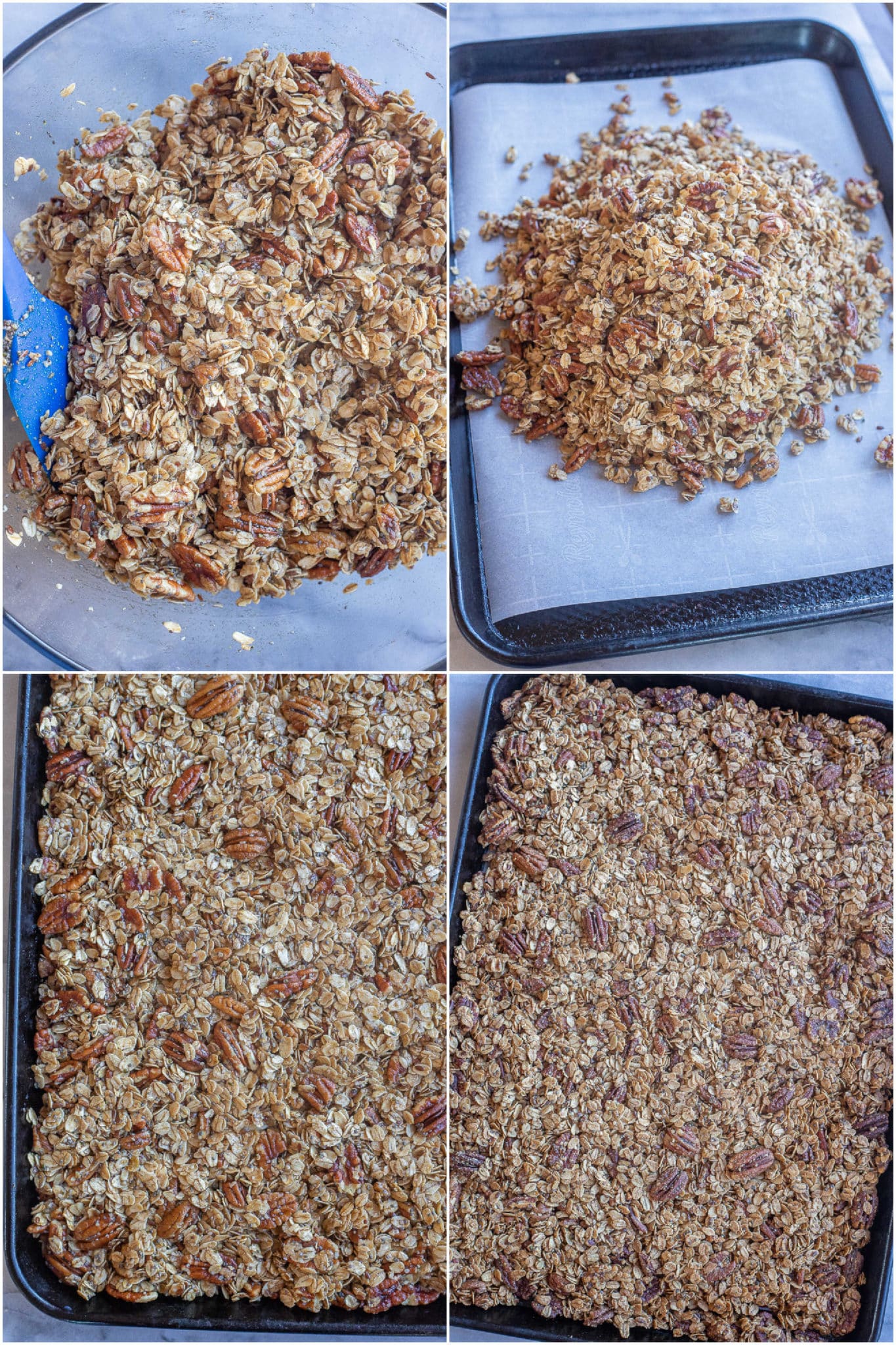 showing how to make large clustery granola by baking it in the oven