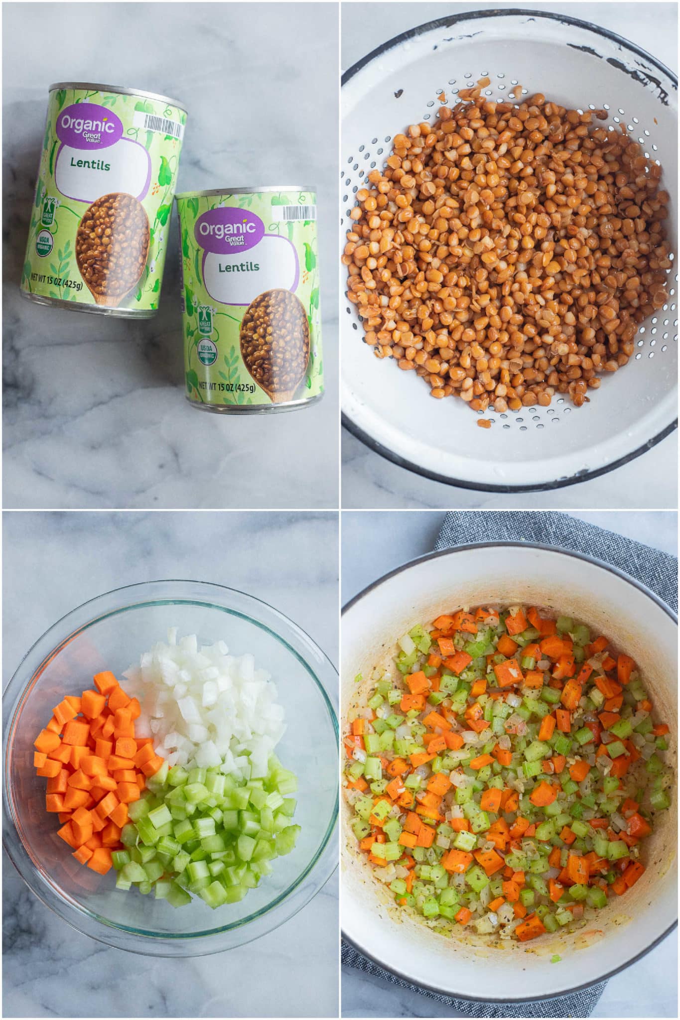 showing how to make lentil soup using canned lentils and vegetables