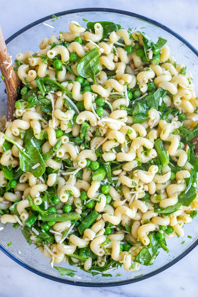 veggie packed pasta salad in a large bowl with a serving spoon