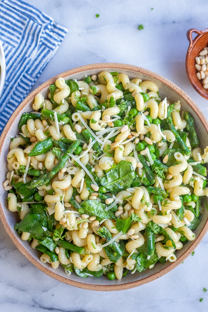 Lemony parmesan pasta salad with spring veggies