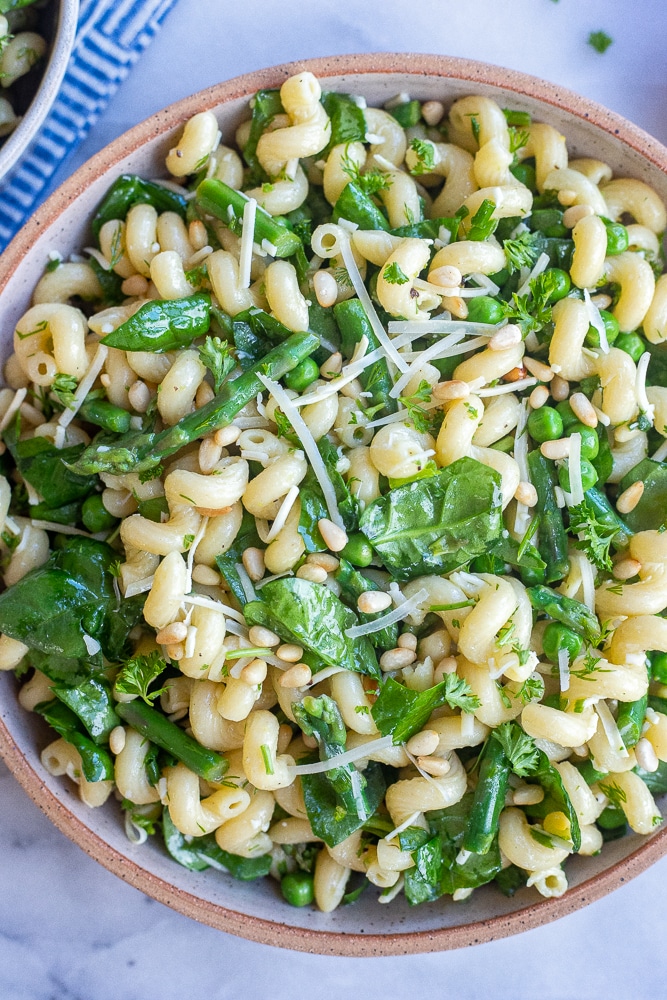 big bowl of Lemony Spring Pasta Salad with Parmesan