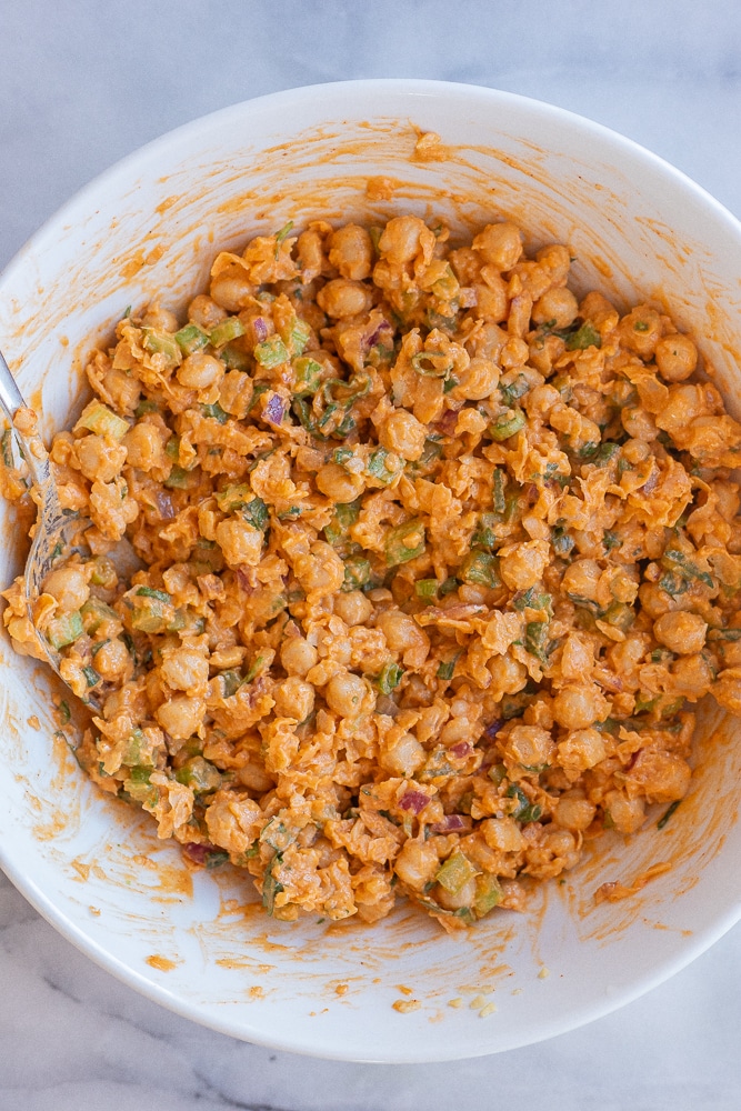 buffalo chickpea salad in a serving bowl