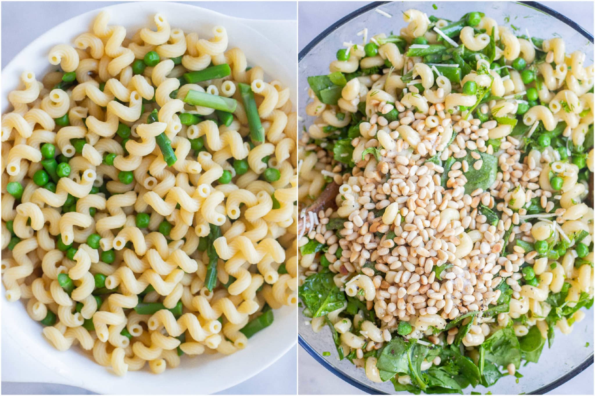 spring pasta salad with asparagus, peas, spinach and pine nuts
