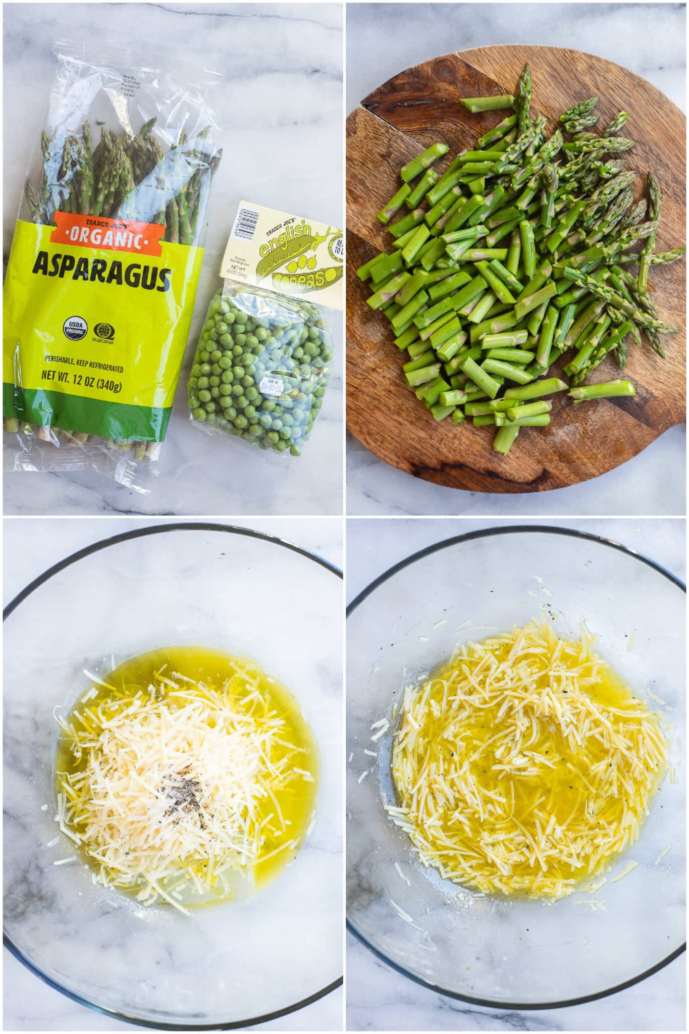 showing how to make a spring pasta salad with asparagus, peas and a lemony parmesan dressing