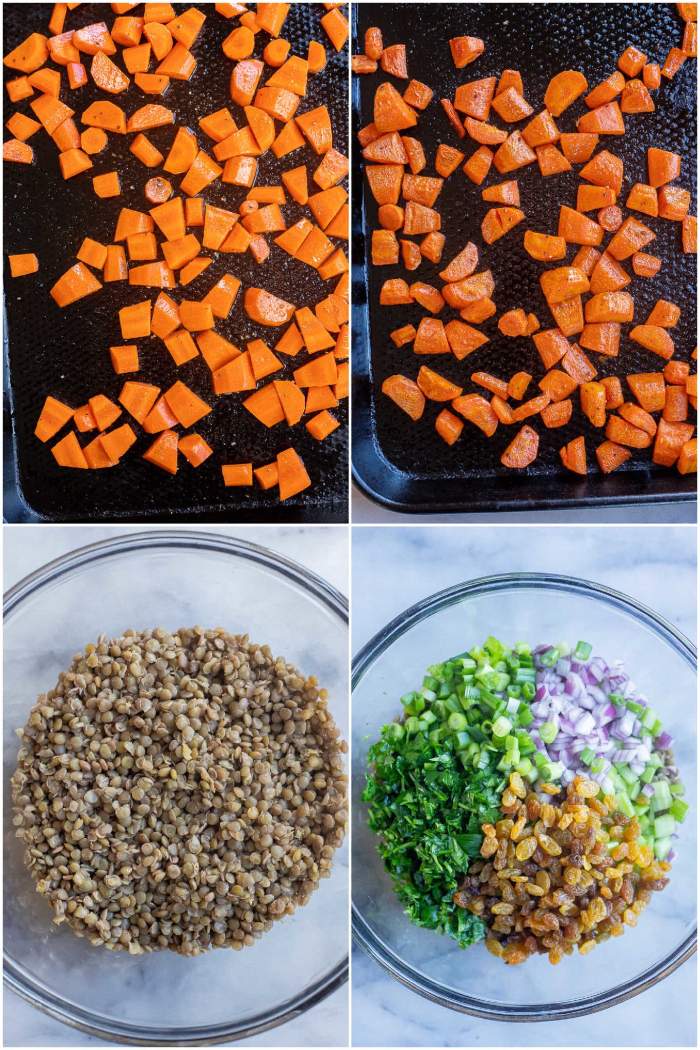 showing how to make roasted carrots and brown lentils