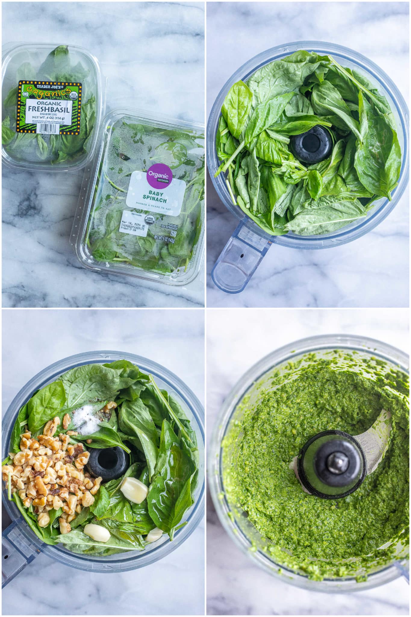 showing how to make spinach feta basil pesto in the food processor with walnuts, garlic, salt and pepper