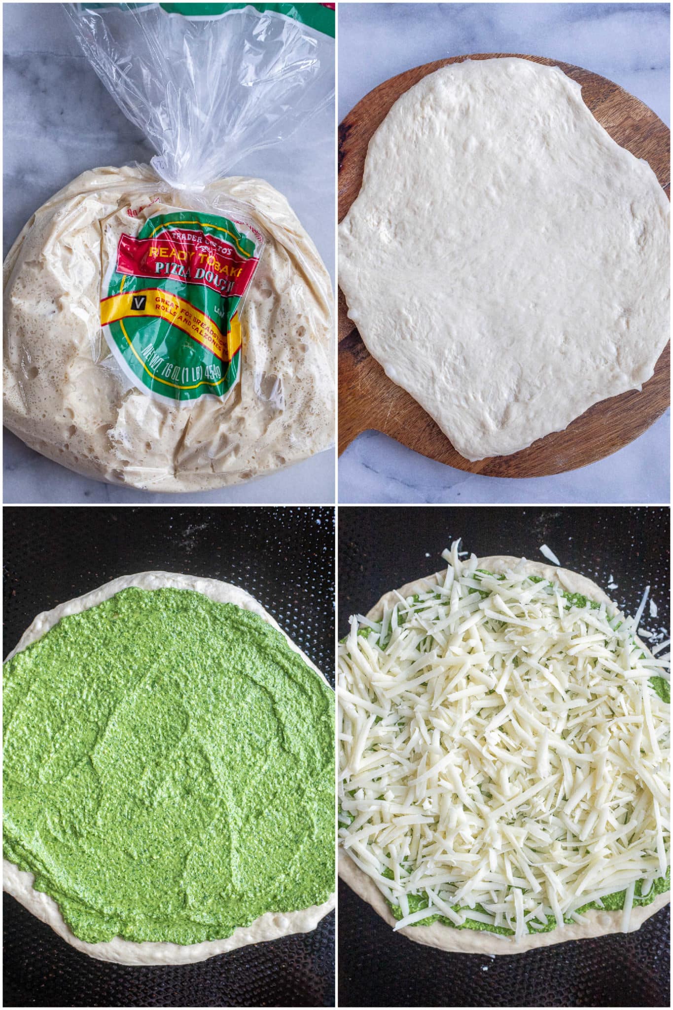 showing how to make the best pesto pizza recipe using creamy feta pesto, pizza dough and mozarella cheese