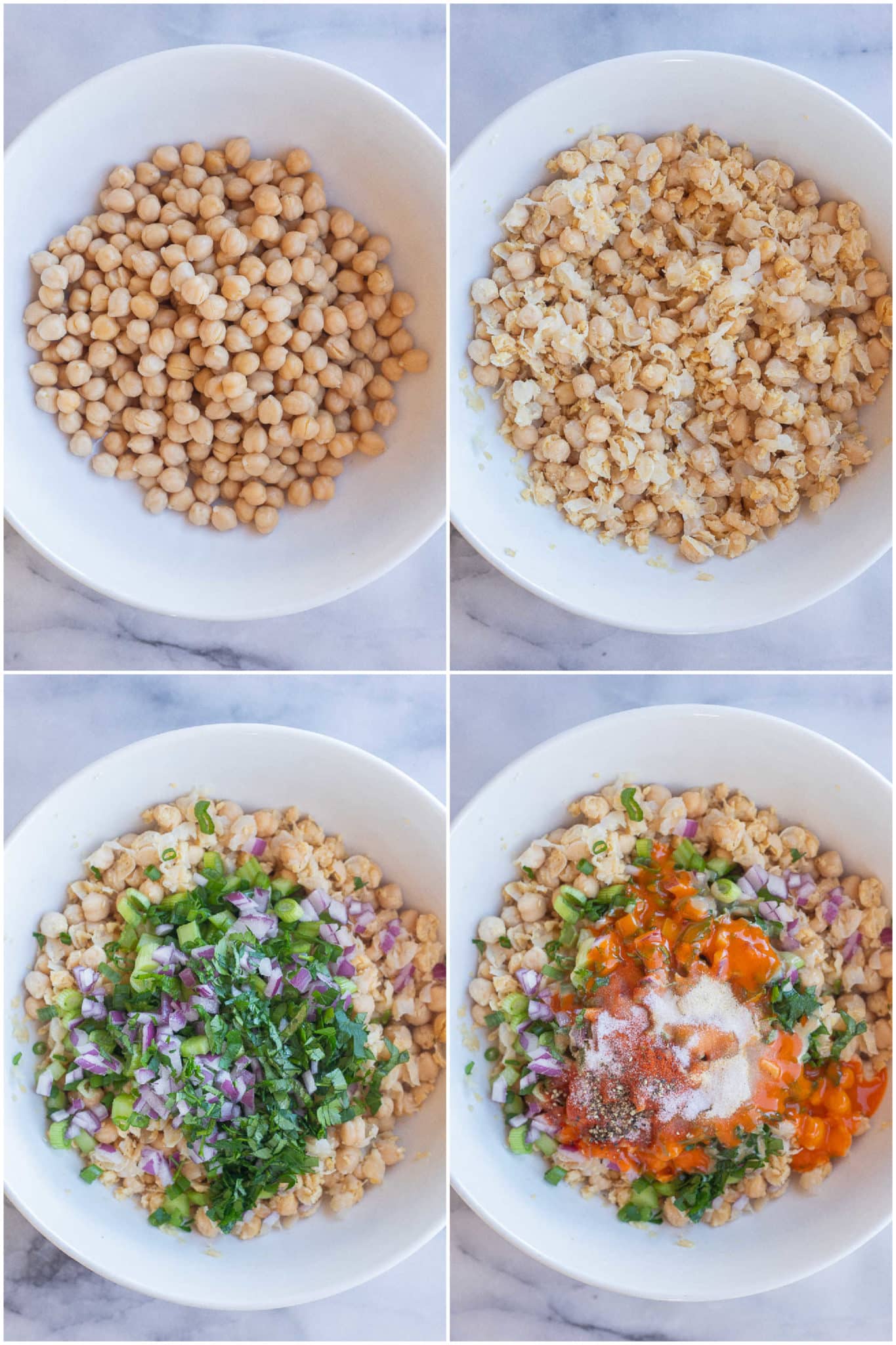 showing how to make buffalo chickpea salad with celery onion and buffalo sauce