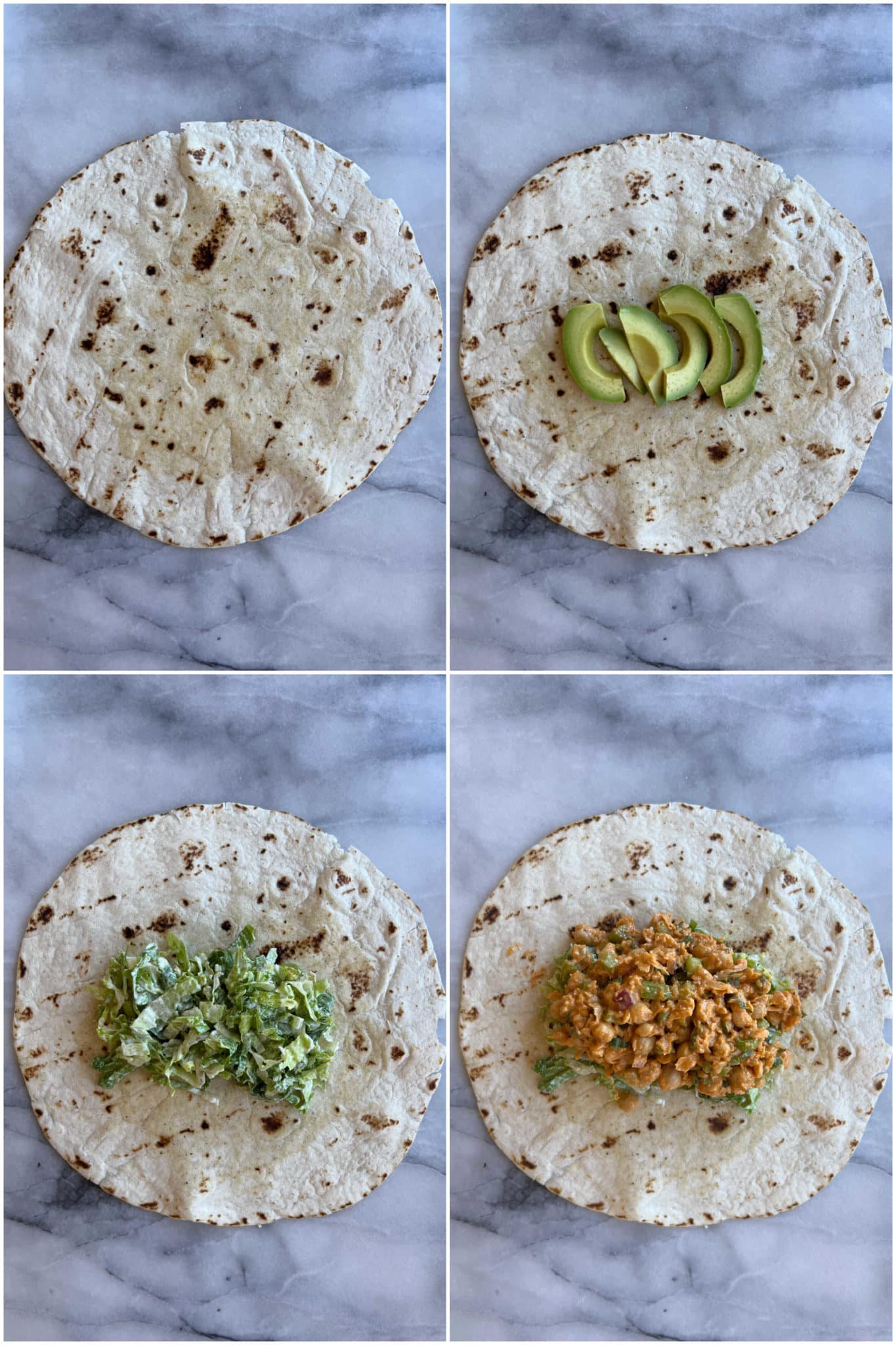 showing how to assemble a buffalo chickpea wrap with avocado and lettuce