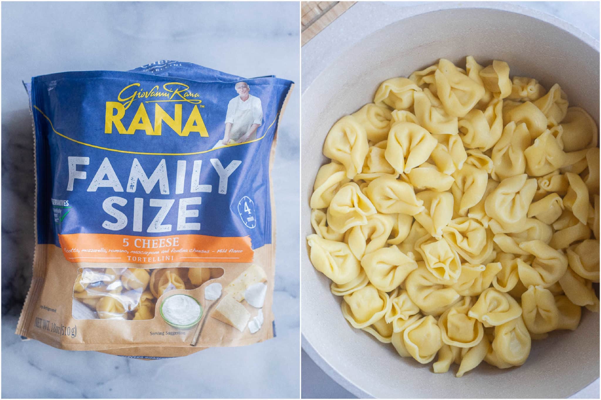 bag of cheese tortellini that has been cooked in a pot