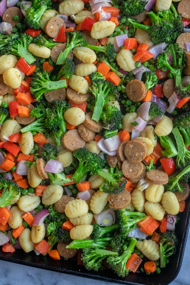 roasted vegetable gnocchi and sausage bake after it has come out of the oven