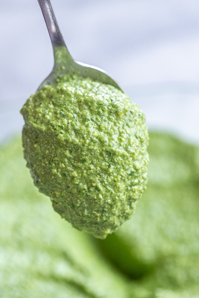 Close up of a spoonful of spinach feta basil pesto sauce recipe