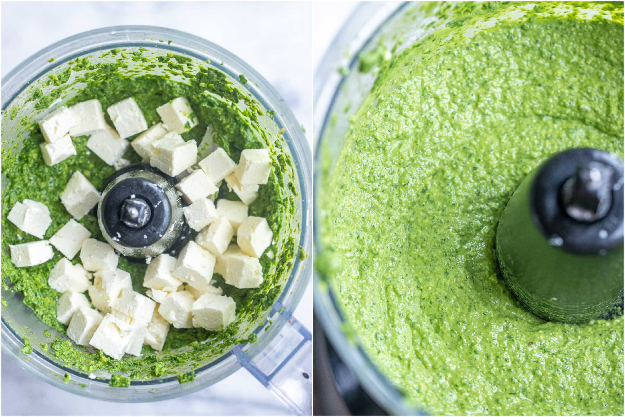creamy spinach pesto in the food processor with chunks of feta cheese