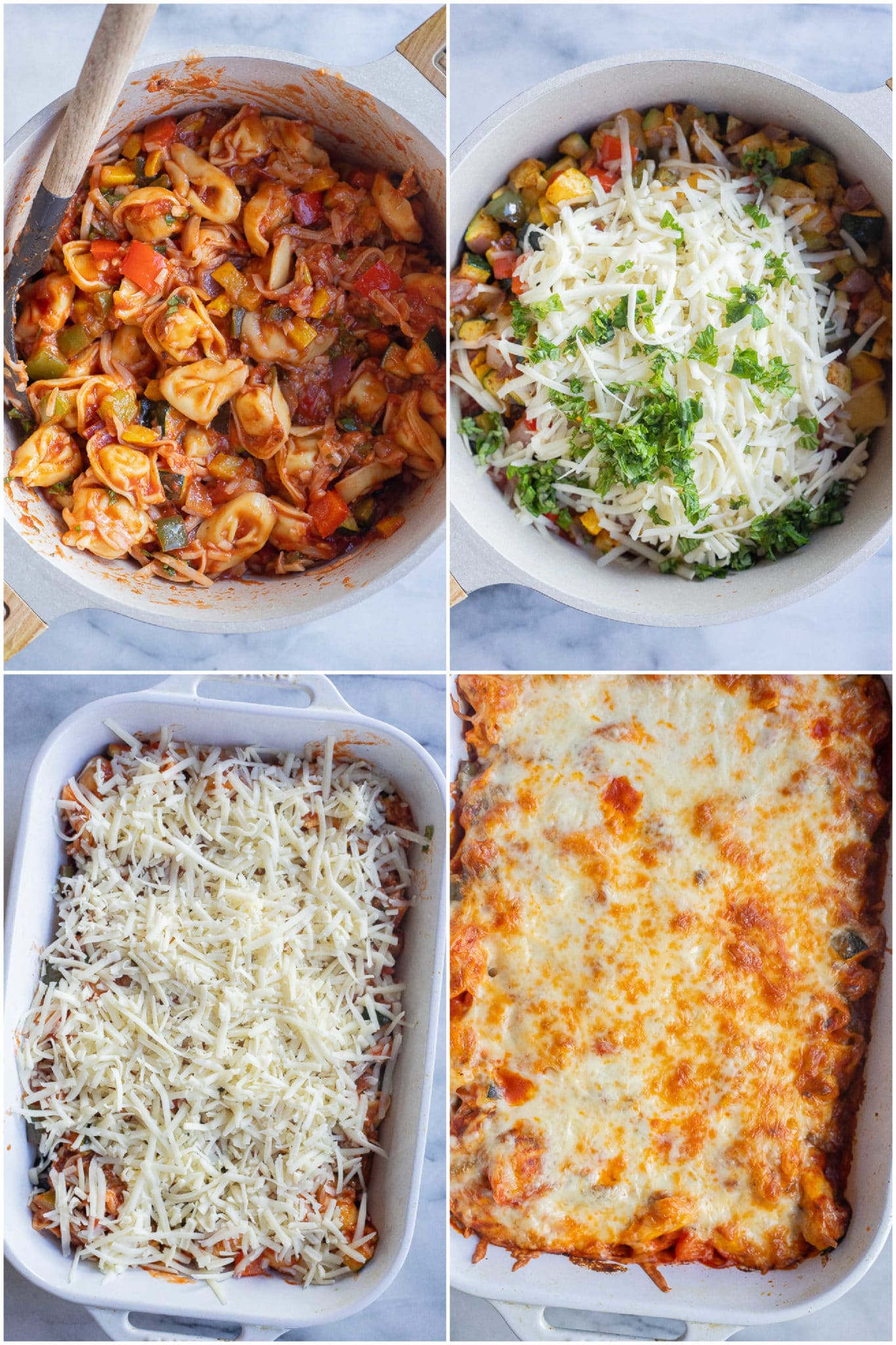 showing how to assemble a vegetarian cheesy tortellini casserole 