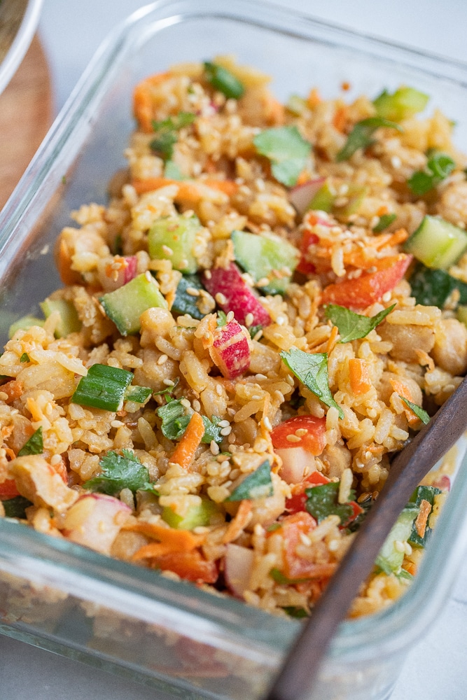 close up of a vegan meal prep lunch in a glass container