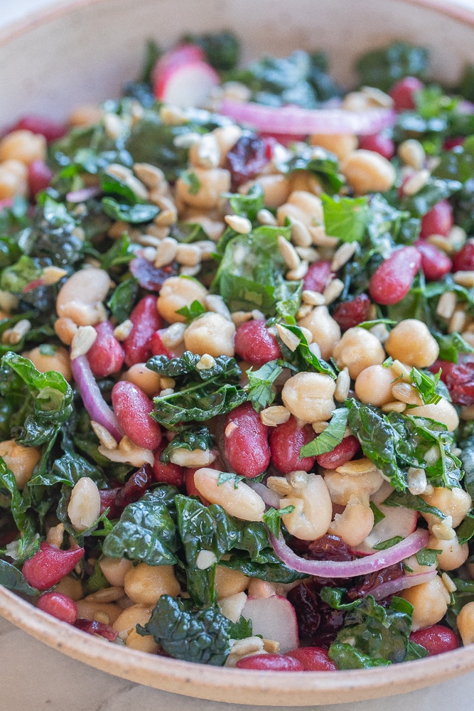 close up of beans and greens with onion and radishes
