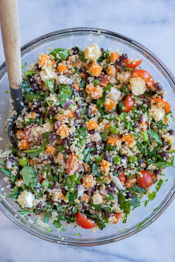 loaded quinoa and black bean salad all mixed together