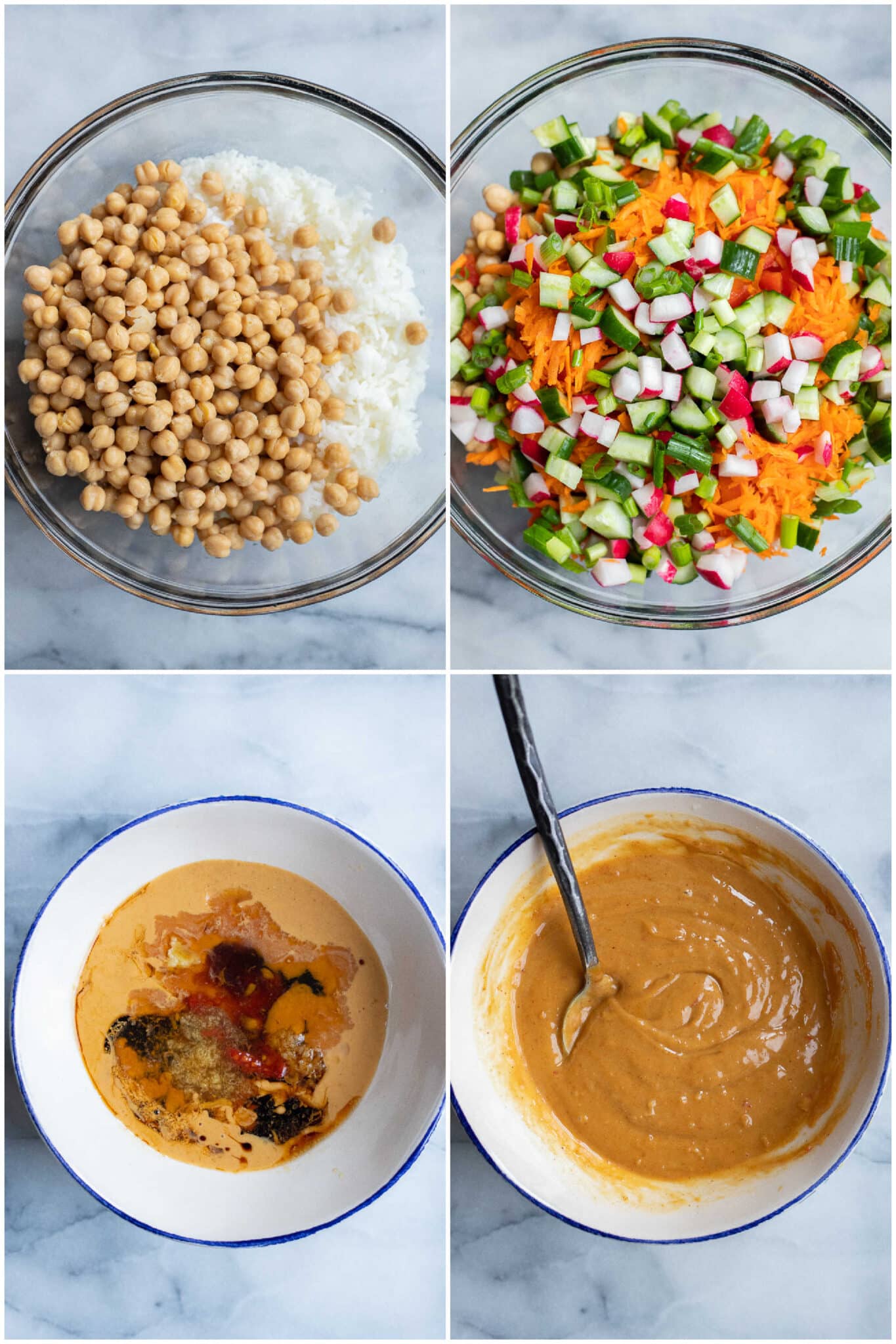 showing how to make a rice and chickpea salad with lots of vegetables and a homemade peanut sauce dressing