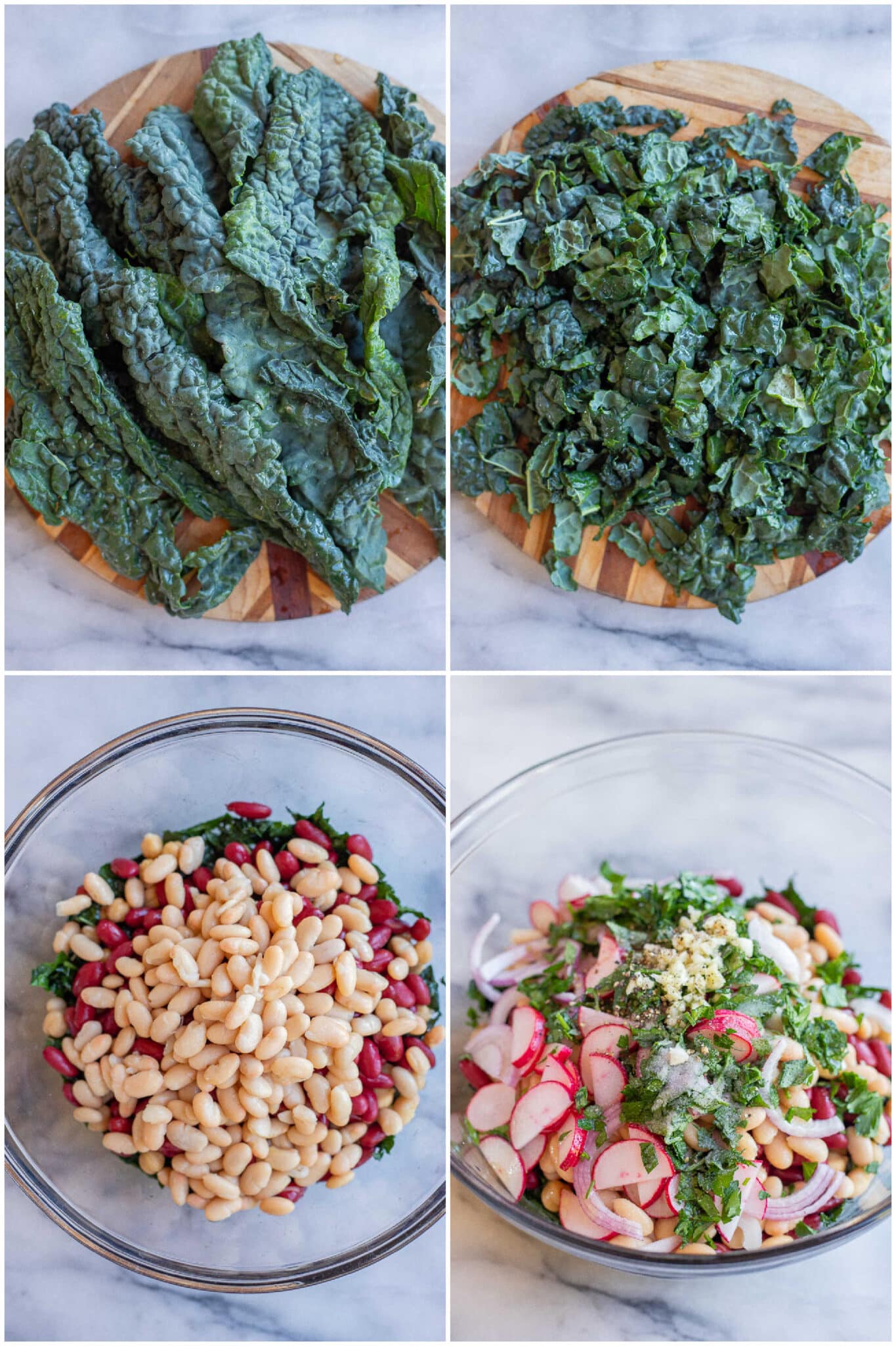 showing how to make beans and greens salad with kale, white beans, kidney beans and chickpeas