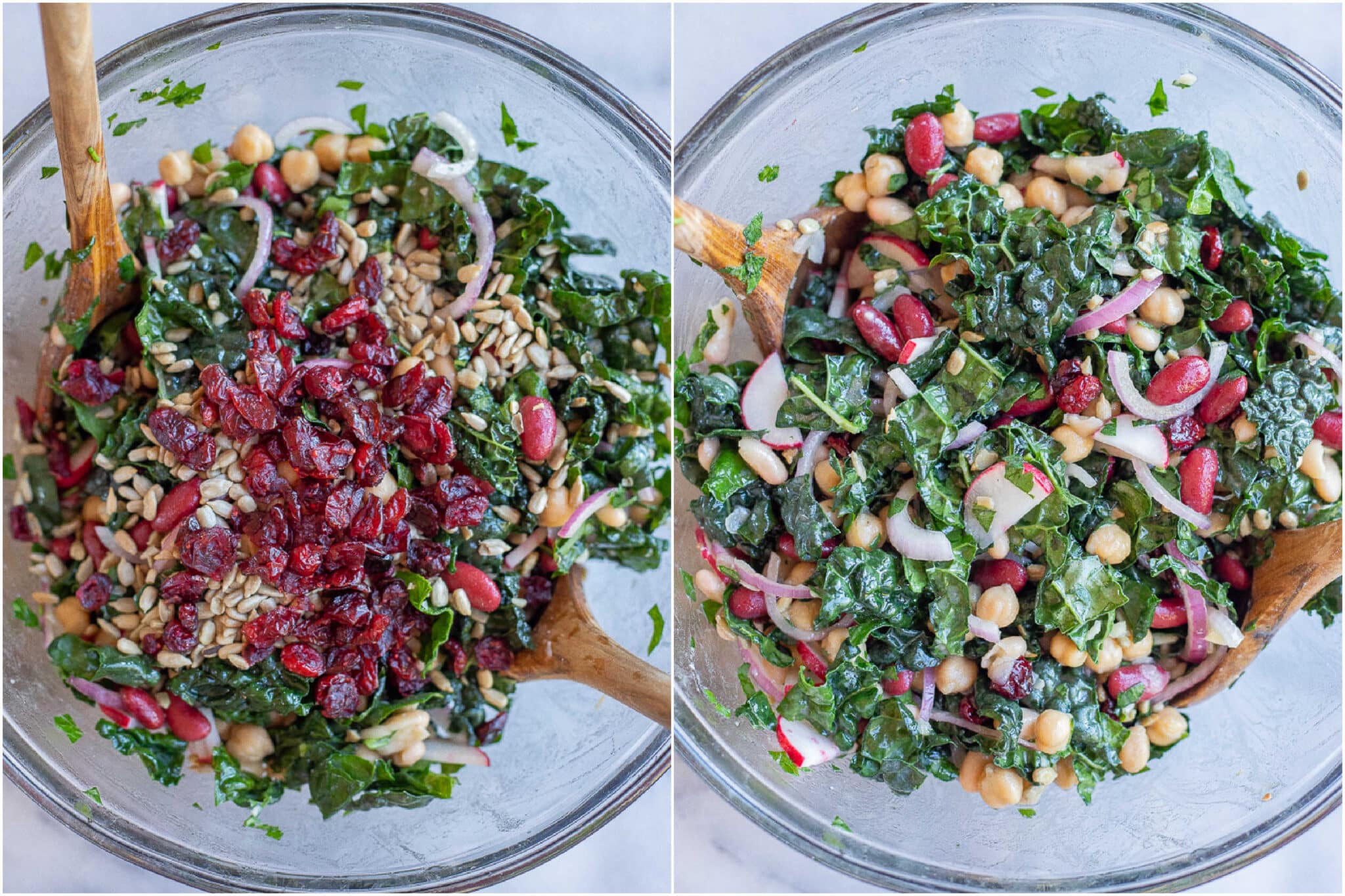 greens and beans inspired salad mixed together with dried cranberries and sunflower seeds