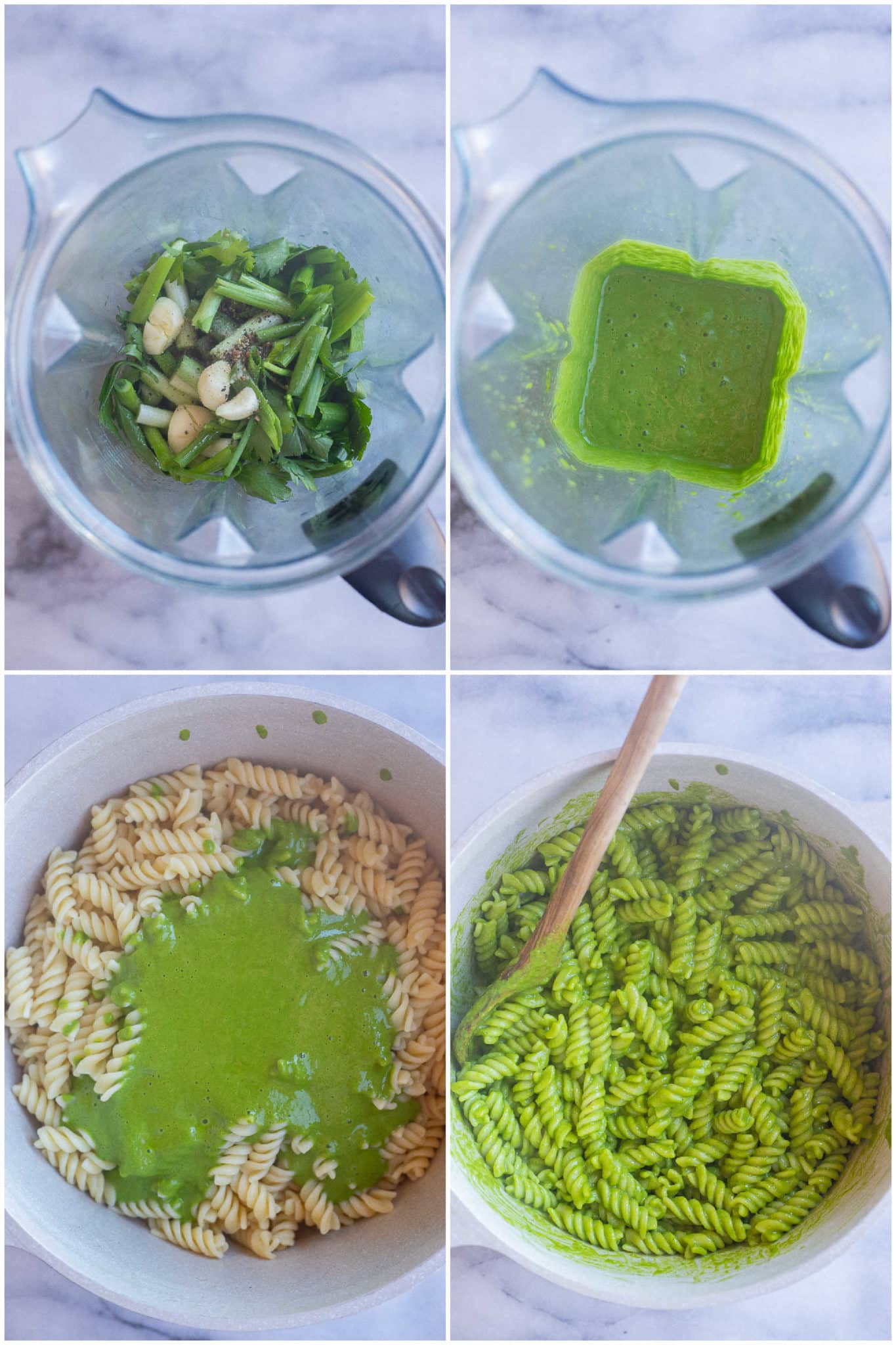 showing how to make green goddess dressing and then pouring it over your hot pasta