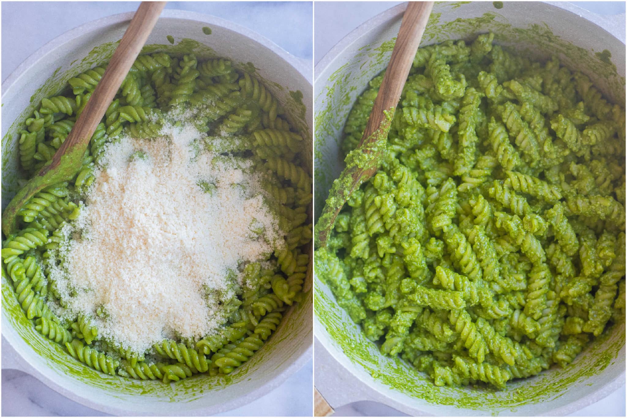 adding parmesan cheese to the green goddess pasta and then mixing it in