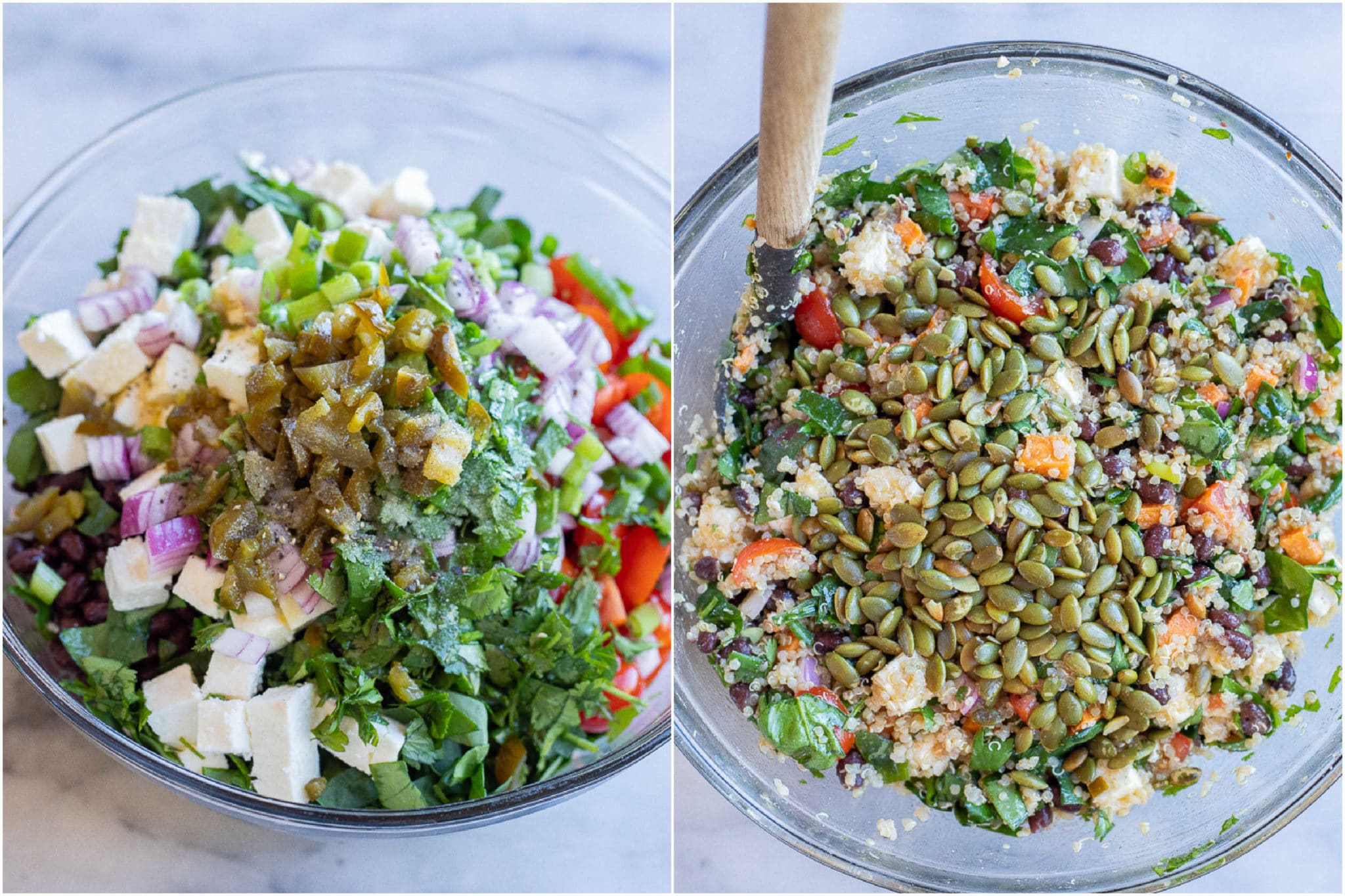 loaded quinoa and sweet potato salad in a large bowl with all the ingredients