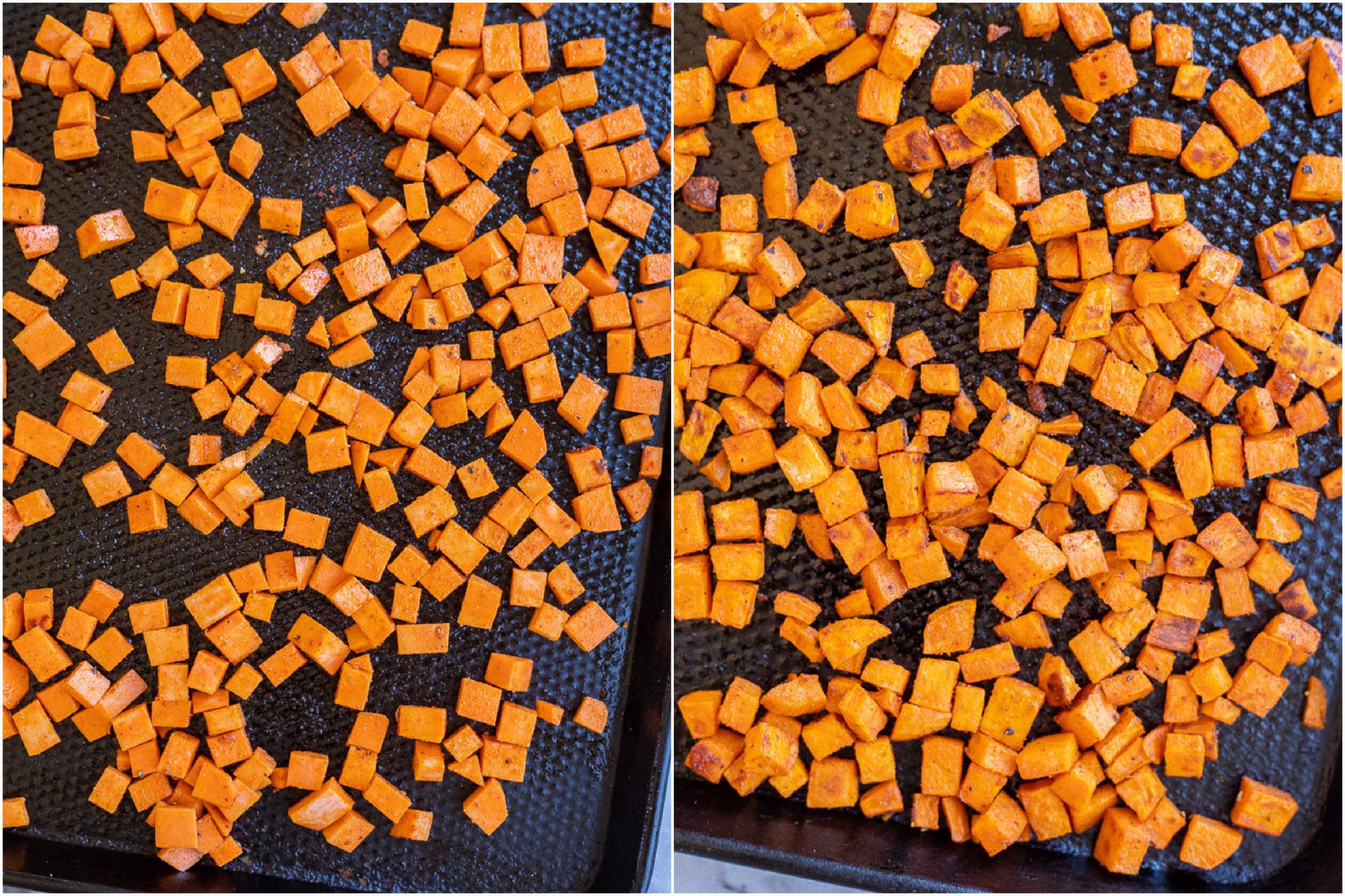 diced sweet potato before and after it's been roasted