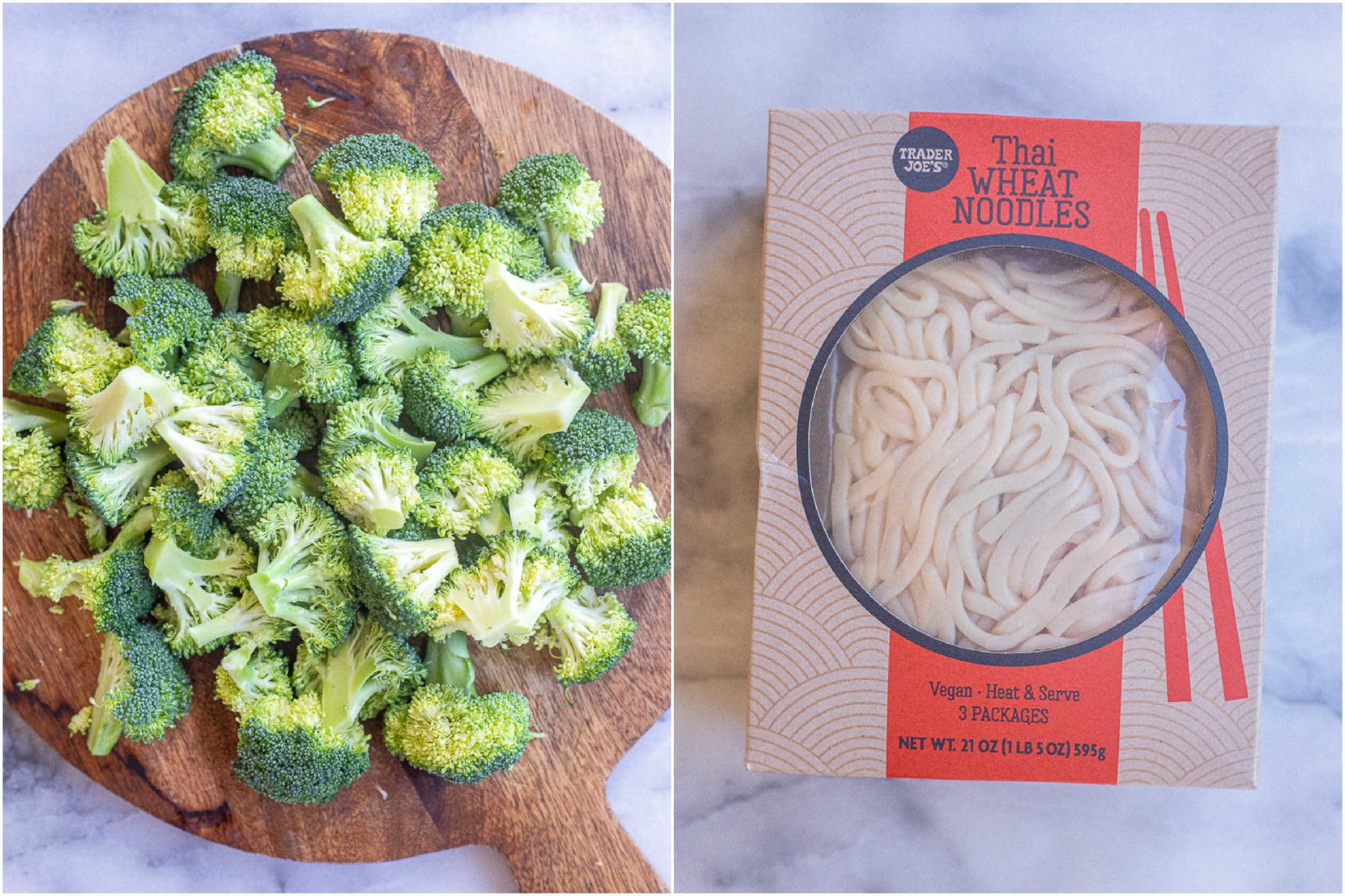 broccoli florets and Thai wheat noodles used for this recipe