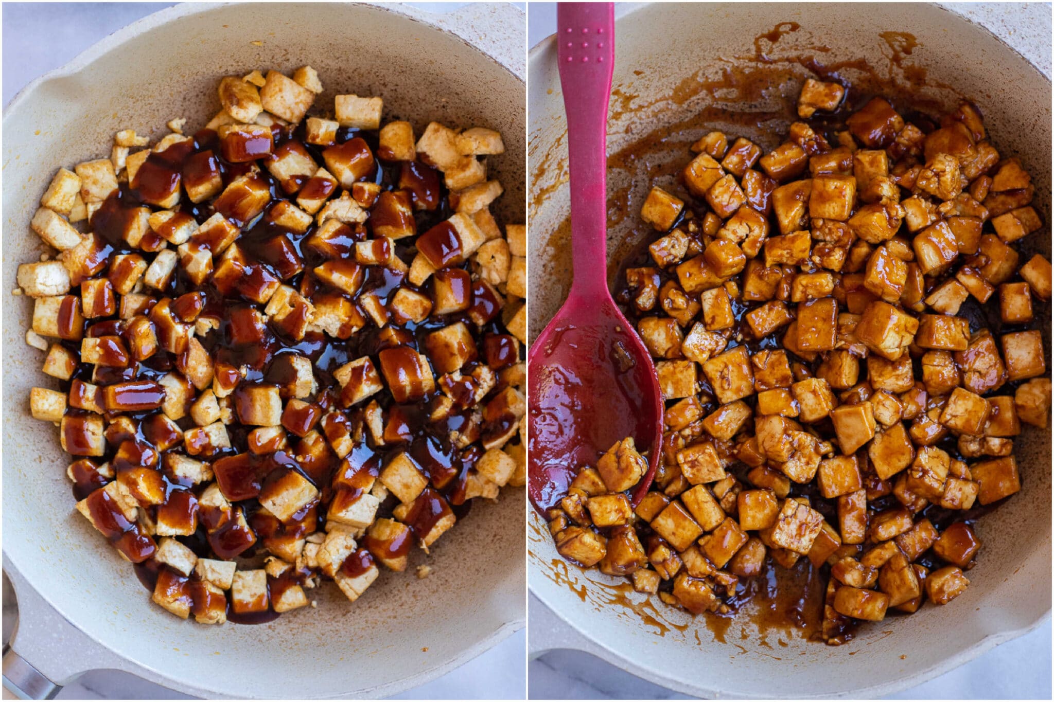 BBQ tofu mixed up in a pan