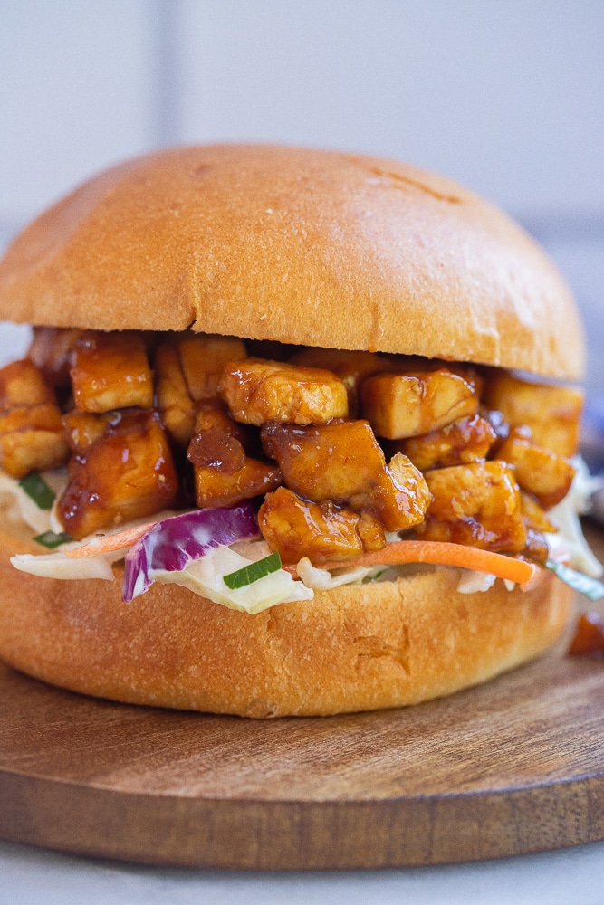 close up of an Easy BBQ Tofu Sandwich with coleslaw