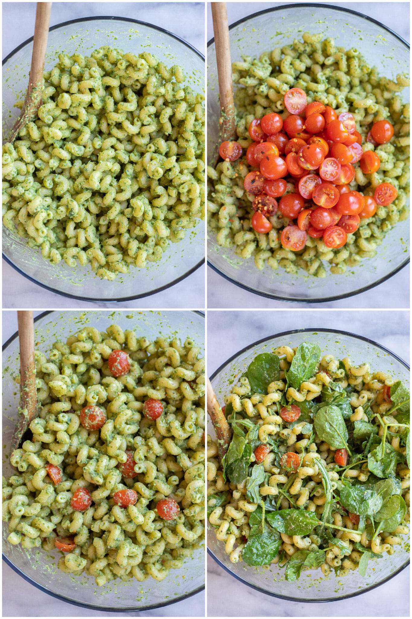 Cherry Tomatoes and spring greens being mixed into the avocado pesto pasta recipe